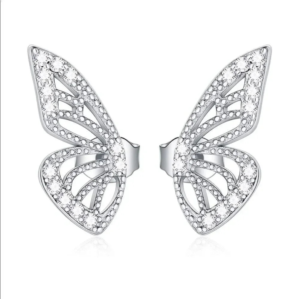 NEW! 18K White Gold Plated CZ Butterfly Wing Stud Earrings - Picture 5 of 6